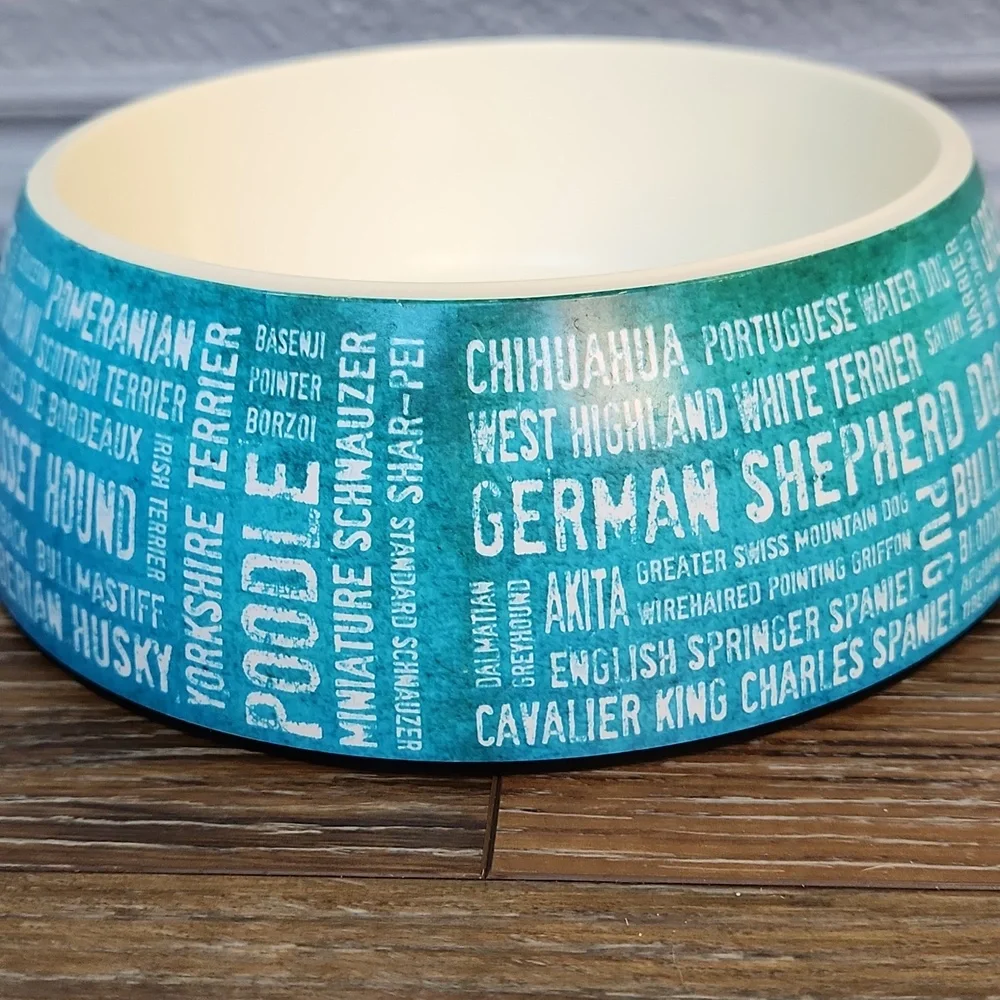 Plastic Dog Breeds Bowl Blue Green Teal White